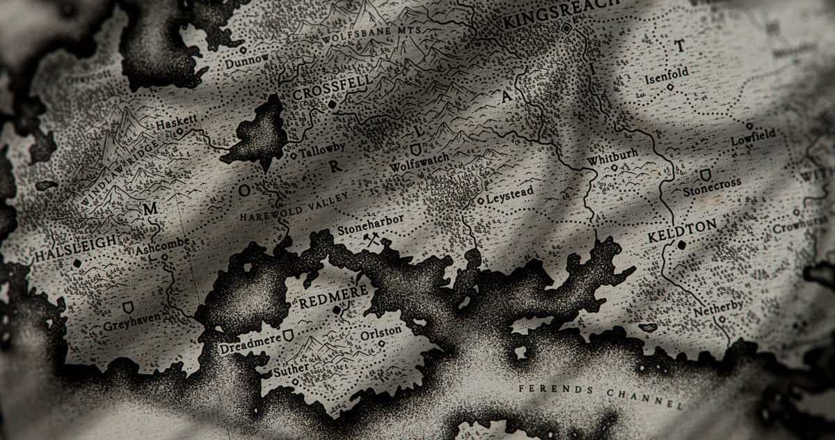 A complete fantasy world map showing coastlines and kingdom designed with Worldcrafter cartography brushes.