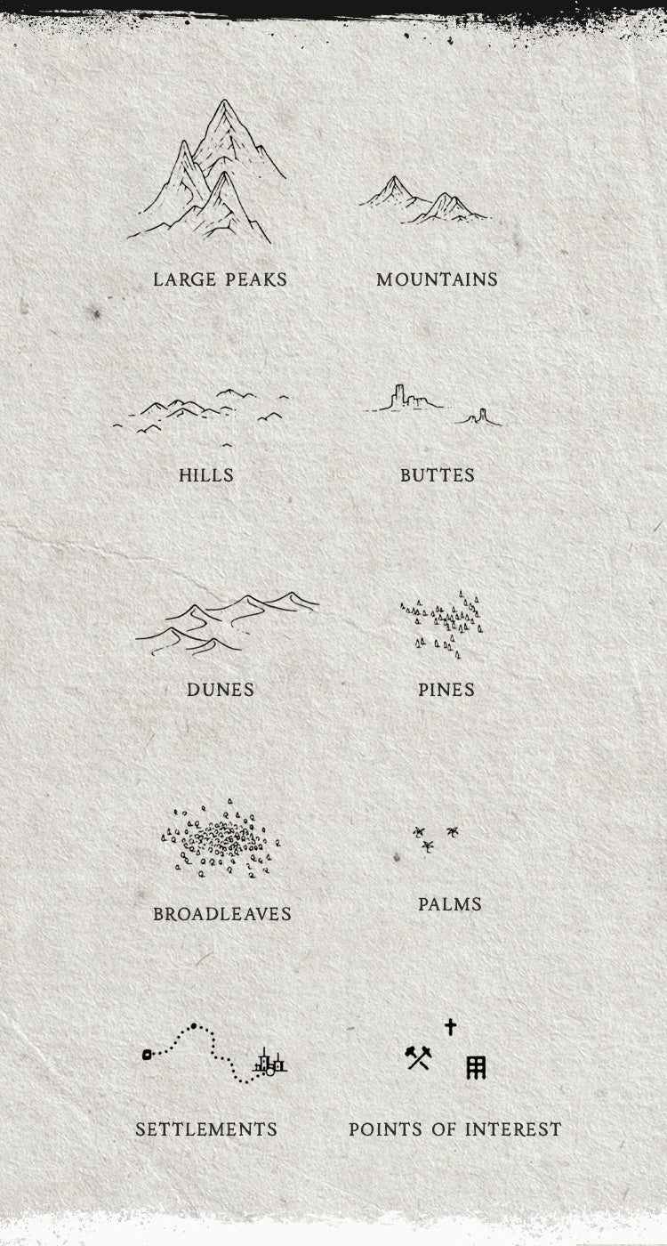 A textured off-white paper sheet featuring hand-drawn black ink illustrations of various fantasy map elements, including mountains, hills, dunes, palms, broadleaves, and settlements, each labelled with descriptive text.