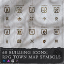 Collection of building icons for RPG town maps on a textured background