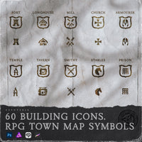Collection of building icons for RPG town maps on a textured background