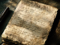 Old book with handwritten text on a wooden surface