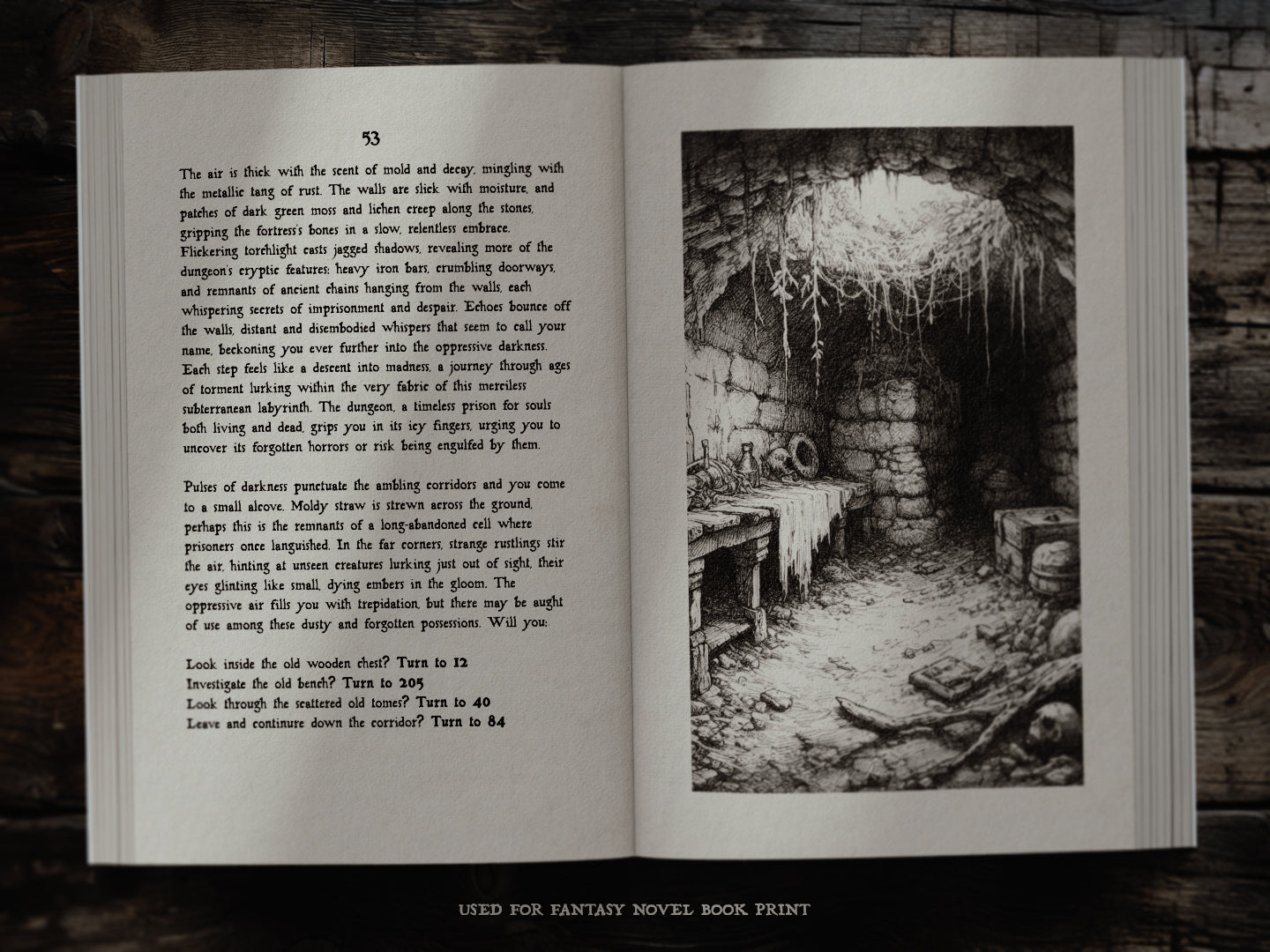 An open novel  sitting on a wooden surfaces, with the text set in the adderbite font