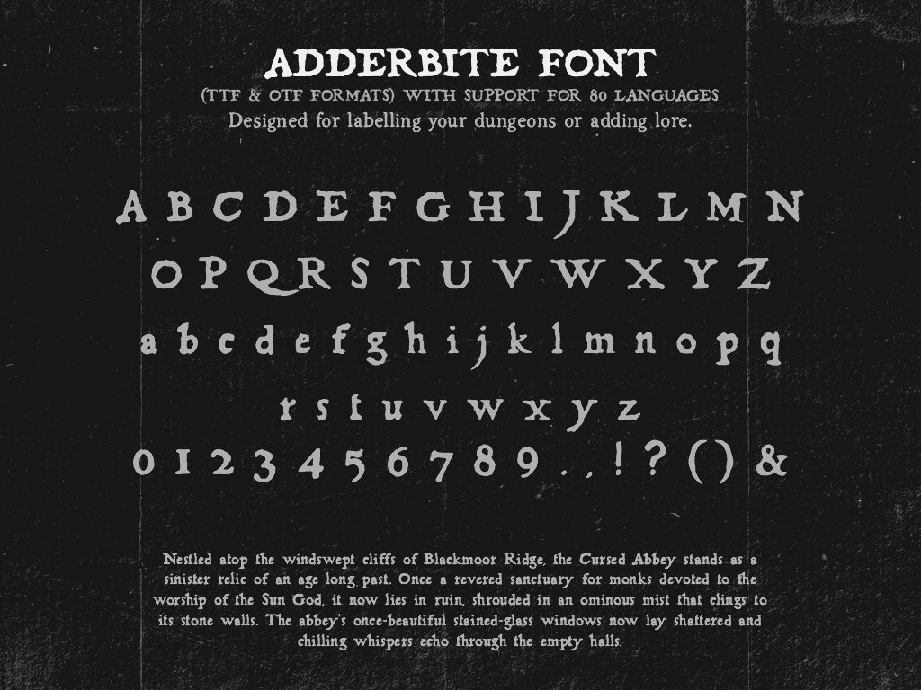 Preview of the characters contained in the Adderbite aged medieval inspired font
