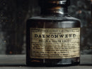 A fictional product in an old dusty brown glass bottle, the label is written using the adderbite font, it has a very dark, fantasy aesthetic