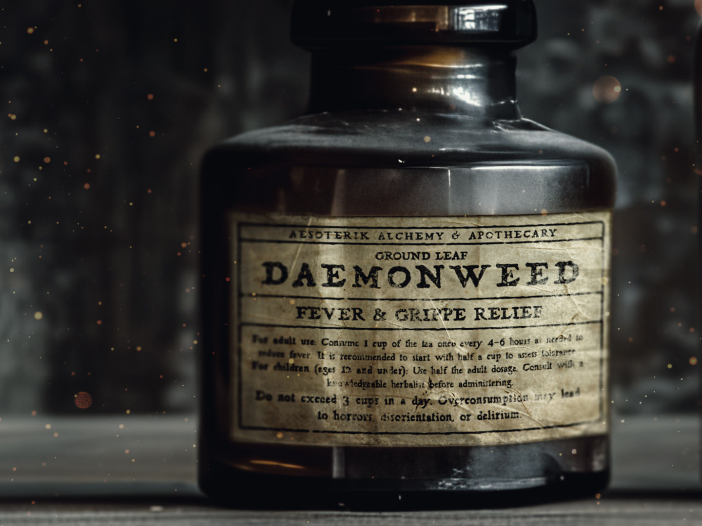 A fictional product in an old dusty brown glass bottle, the label is written using the adderbite font, it has a very dark, fantasy aesthetic