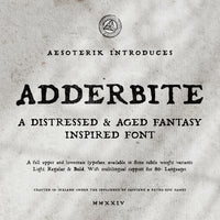 A sample image of the Adderbite font showcasing its distressed and aged appearance, indicating a vintage fantasy theme. The image mentions the font is available in three weights: Bold, Regular, and Light, with multilingual support for over 80 languages.