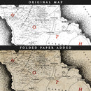 A before and after images showing the effect of adding an aged paper texture to a hand drawn fantasy map