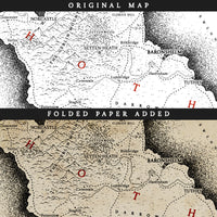A before and after images showing the effect of adding an aged paper texture to a hand drawn fantasy map