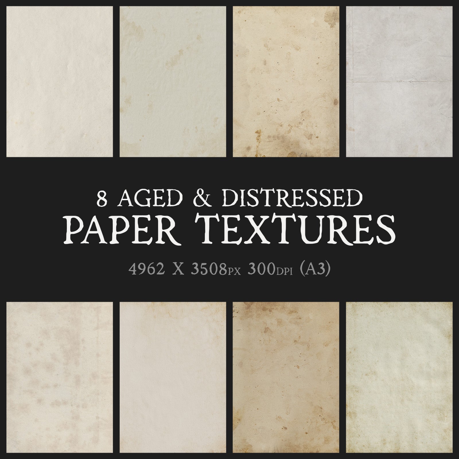 Promotional image showing 8 vertical strips, each one an example of an aged and distressed paper texture