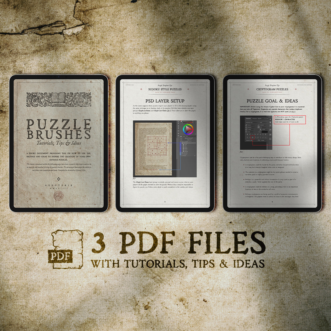3 ipads displaying instruction on how to used the arcane cipher pdf for creating puzzles for dungeons and dragons
