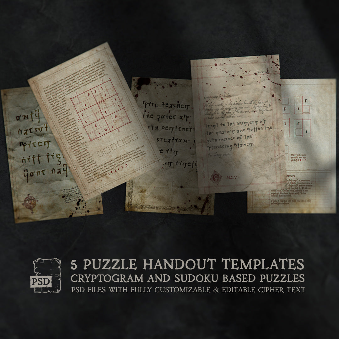 Image that shows the 5 old paper templates that can be used to create puzzles for ttrpg campaigns