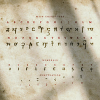An ancient looking piece of paper covered in archaic glyphs, used as a promotional image to advertise the arcane cipher font