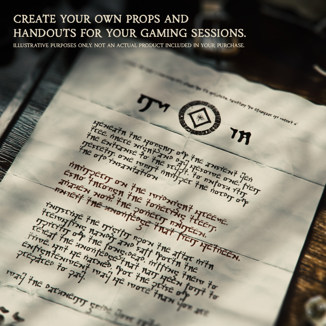An illustration of a prop made for a &d campaign; an page is filled with text using he arcane cipher font and appears like an old page torn from a magical tome
