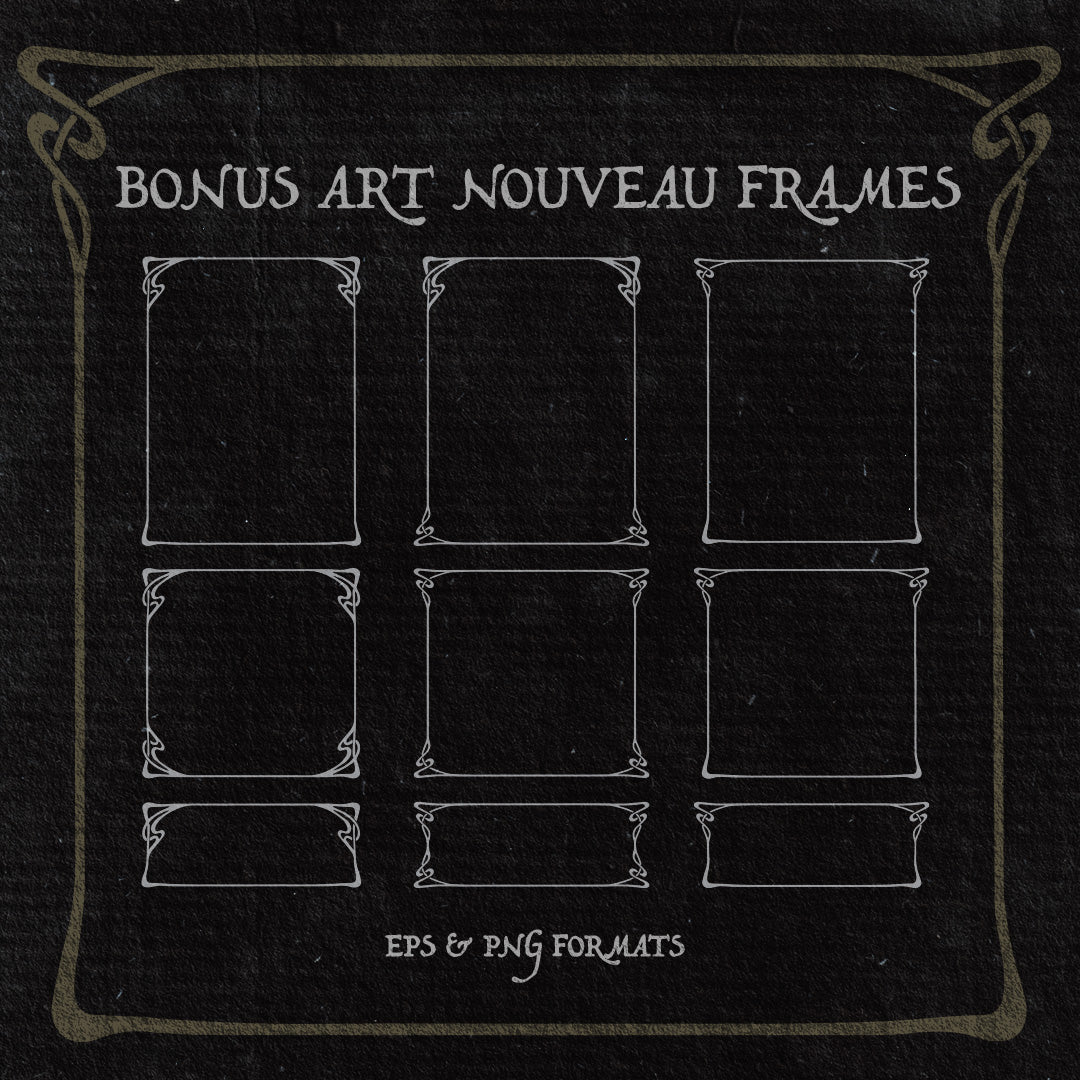 A black paper texture with 9 art nouveau frames drawn on it in white, used to promote the additional extras included in the fable hand font by Aesoterik