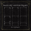 A black paper texture with 9 art nouveau frames drawn on it in white, used to promote the additional extras included in the fable hand font by Aesoterik