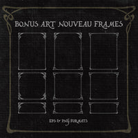 A black paper texture with 9 art nouveau frames drawn on it in white, used to promote the additional extras included in the fable hand font by Aesoterik