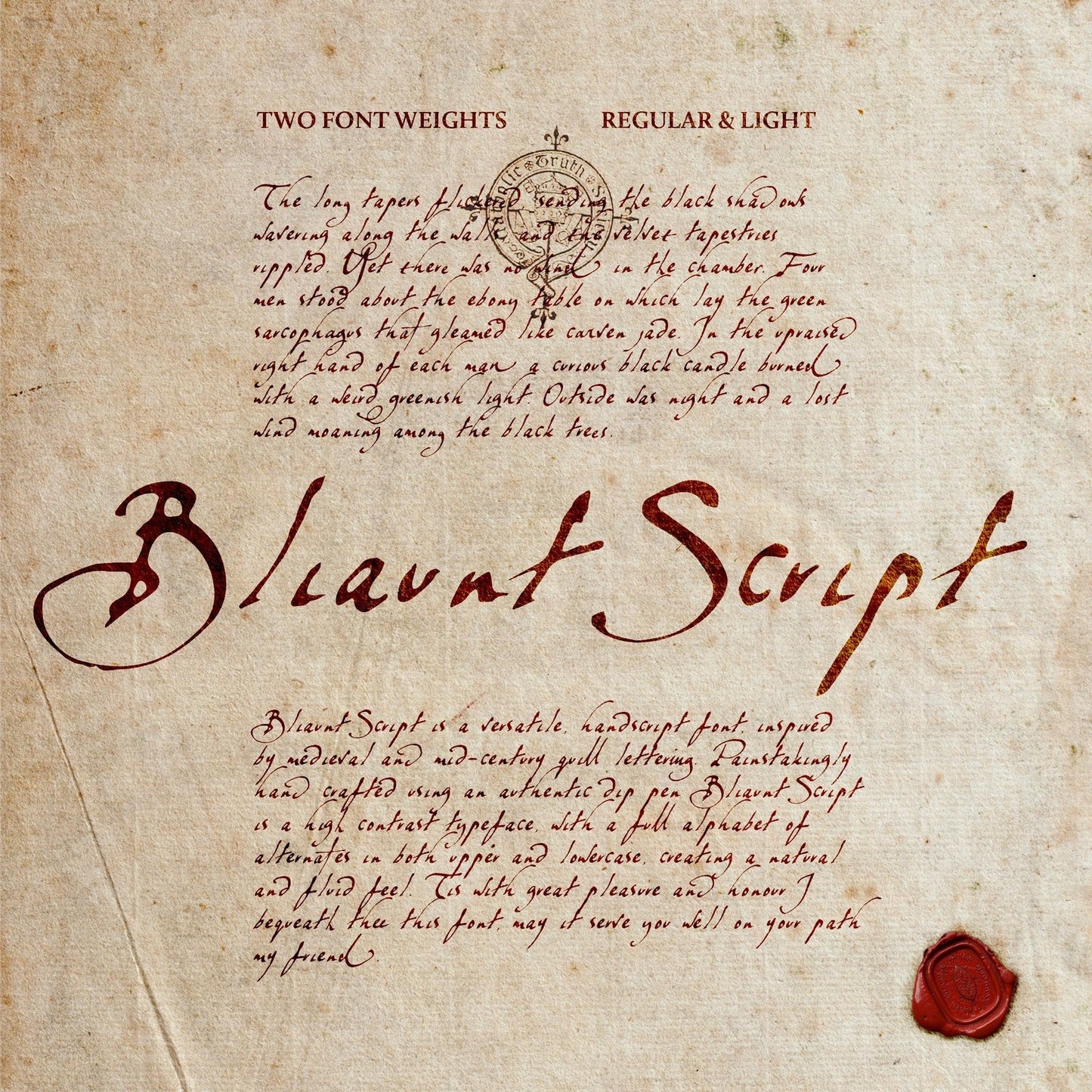 Aged paper texture with dark sepia text showing the Bliaunt Script font name and a red wax seal in the bottom right corner