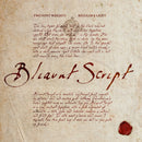 Aged paper texture with dark sepia calligraphy text showing the Bliaunt Script font name and a red wax seal in the bottom right corner