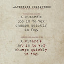 Old pale paper background with text illustrating the alternative characters of the Merchant Ledger font in red