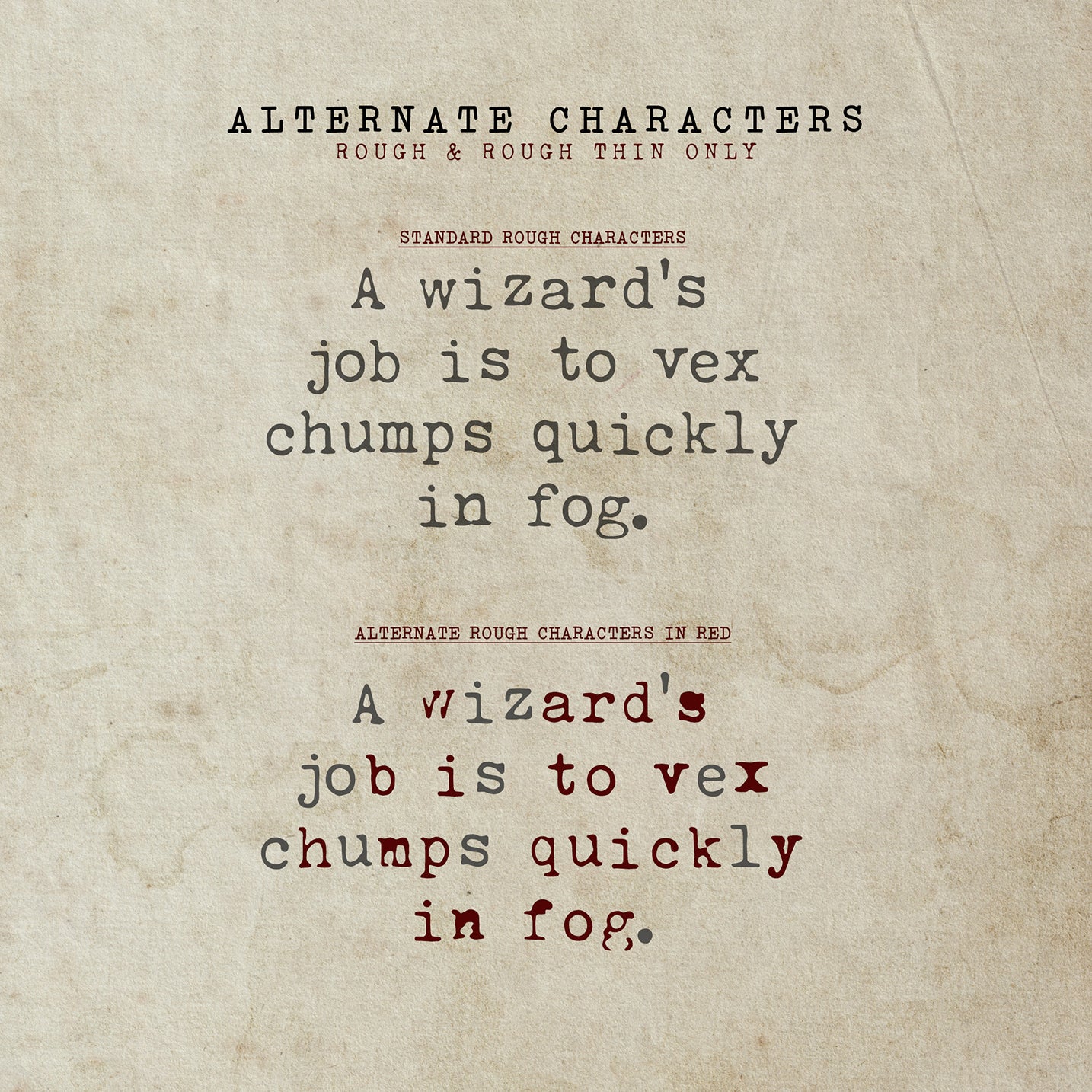 Old pale paper background with text illustrating the alternative characters of the Merchant Ledger font in red