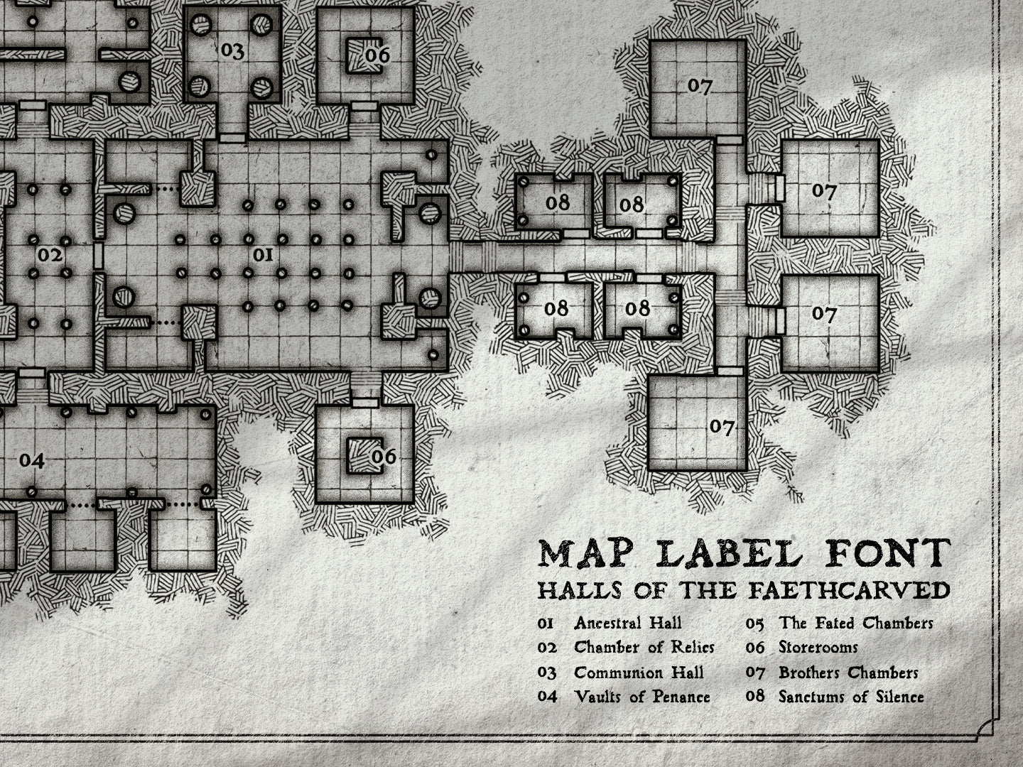 Detail of a dungeon map with the labelling created using the Adderbite font