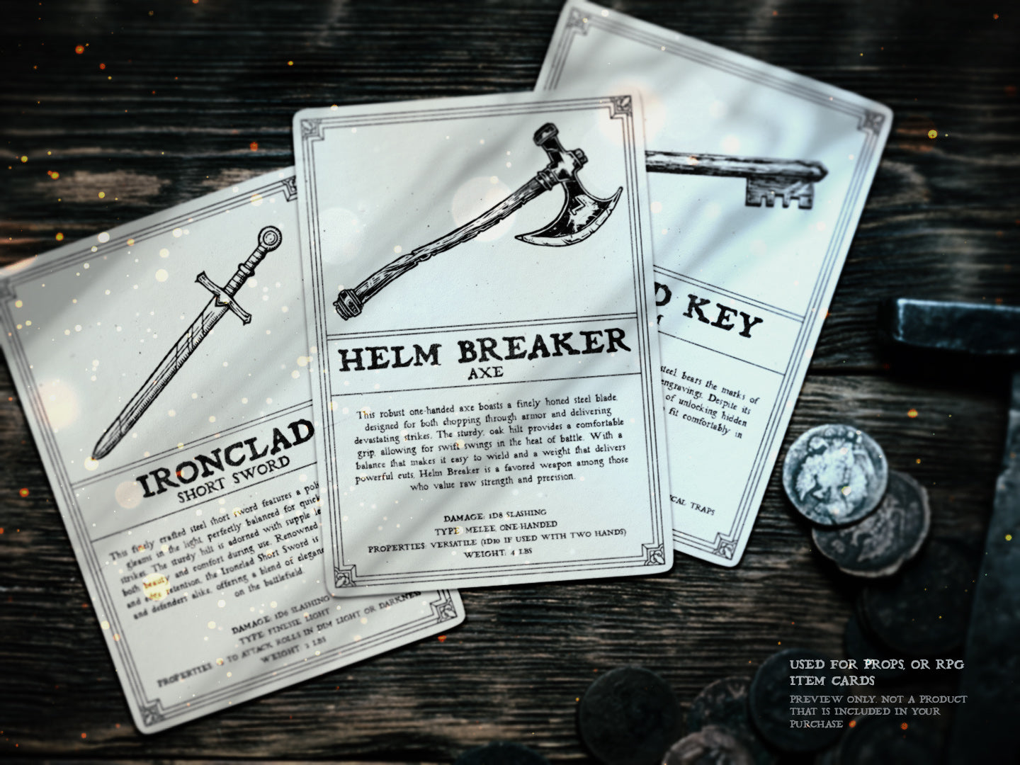 three RPG item cards lay on a table, each has an illustration of a weapon or item for a ttrpg game and the text is set using the Adderbite distressed font 