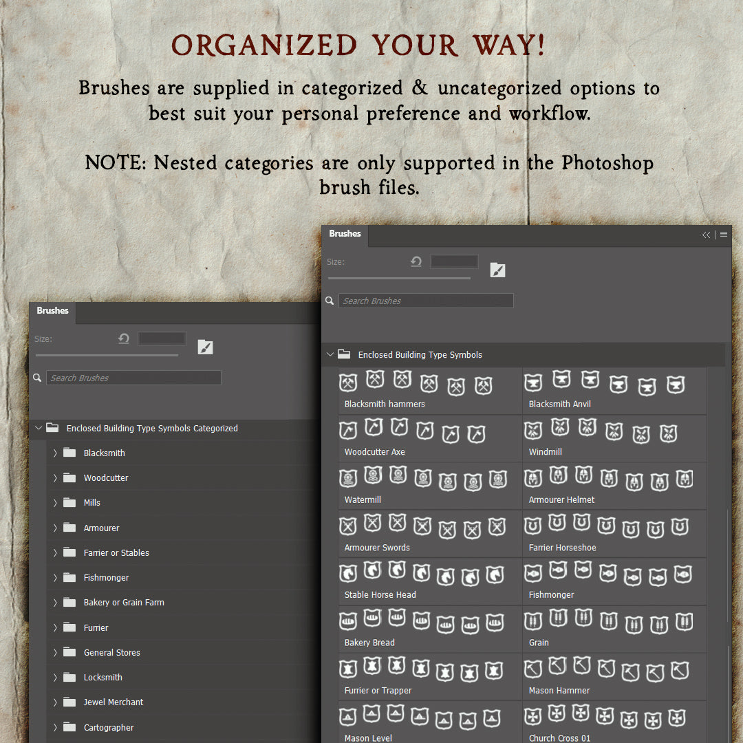 A preview of the brushes contains in the  rpg trade and building type icon set