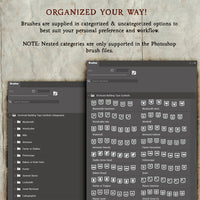 A preview of the brushes contains in the  rpg trade and building type icon set