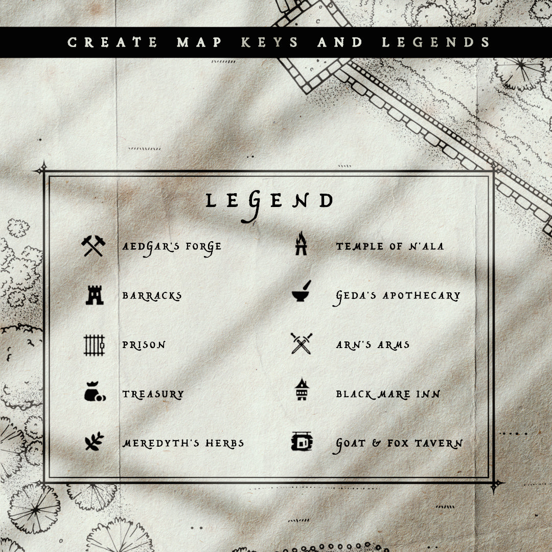 Close up of a legend from a fantasy map. Icons are used to accompany the text, helping quickly label the shops and buildings