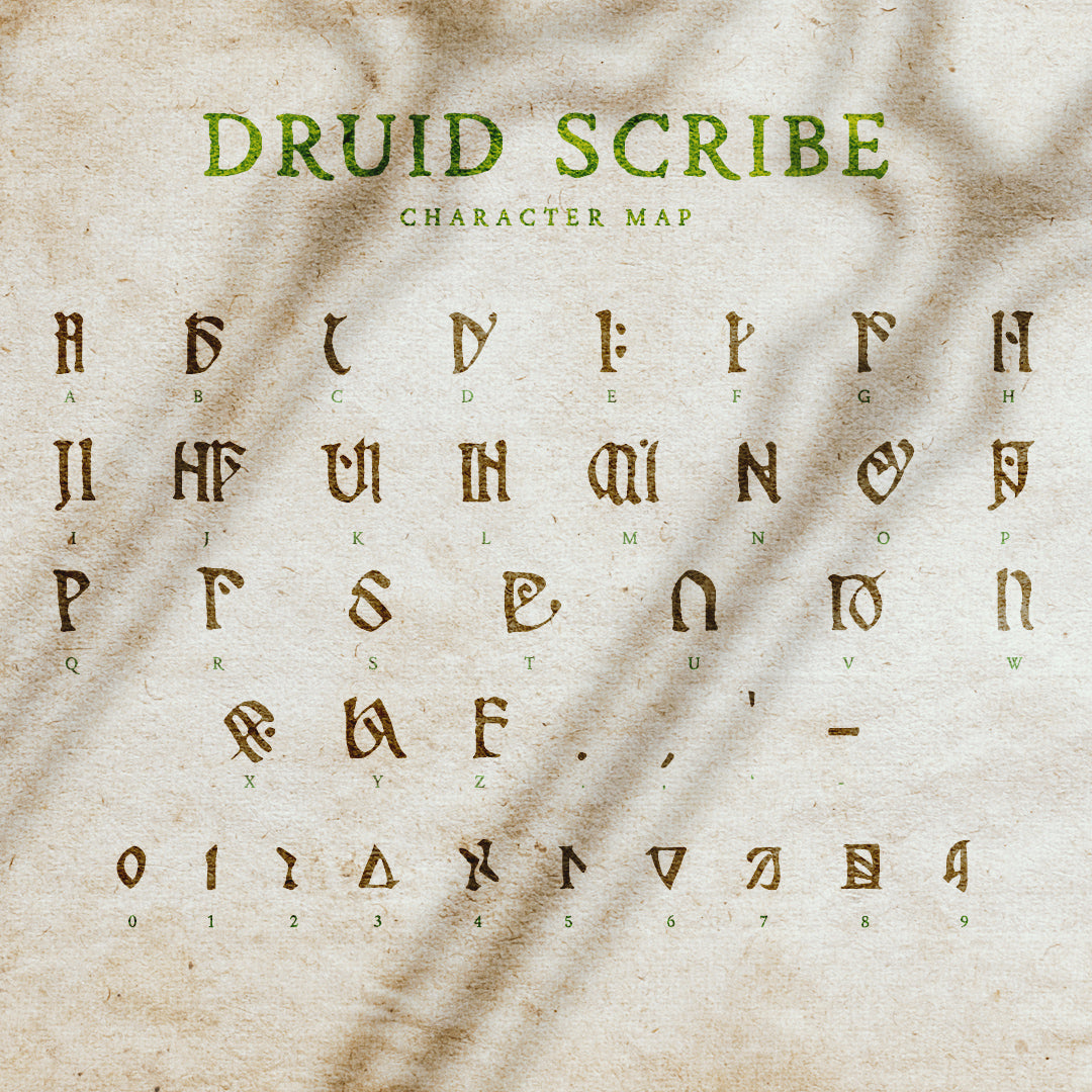 Promotional image for the Druid Scribe font, as the name suggests the letterforms look like the medieval writing of a druid