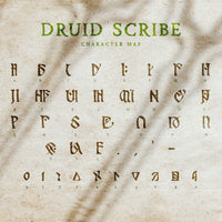 Promotional image for the Druid Scribe font, as the name suggests the letterforms look like the medieval writing of a druid