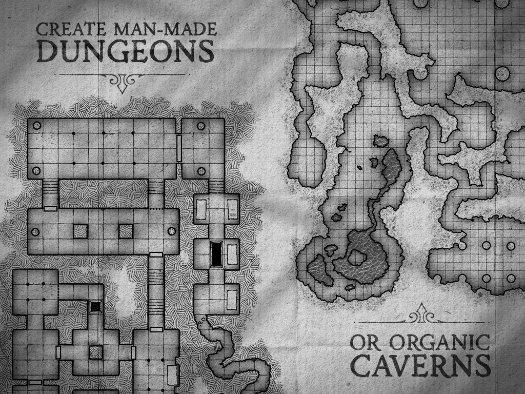 Preview image showing the organic dungeons and man-made dungeon styles that are achievable with Dungeon Carver