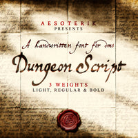 Promotional image foe Aesoterik's Dungeon Script front. An old piece of parchment with old cursive writing and a red wax seal