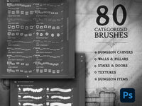 Photoshop brush panel previewing a small selection of the brushes included in Dungeon Carver