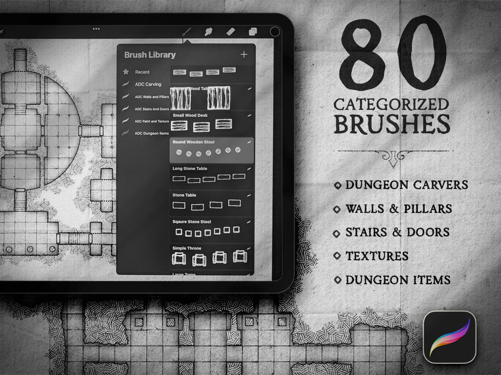 Ipad showing a preview of the Procreate brushes included in the Dungeon Carver map making kit