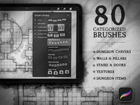 Ipad showing a preview of the Procreate brushes included in the Dungeon Carver map making kit