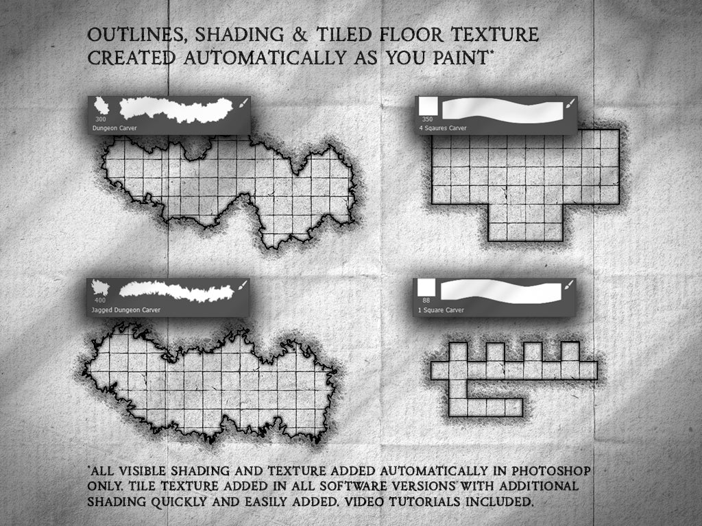 A preview of the Photoshop brush strokes achieved using the dungeon carver map kit