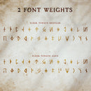 An old page on which the two weights of the elder tongue rune font are written using an old sepia coloured ink