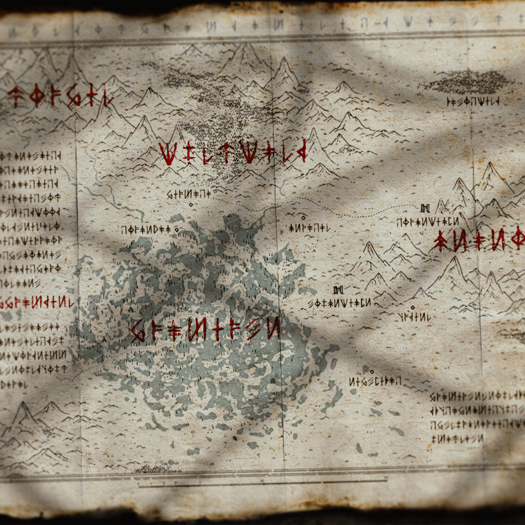 A digitally drawn, ancient looking, fantasy map showing a small realm of dwarven mountains, lakes and trees, runes from the elder tongue font are scrawled all over the map