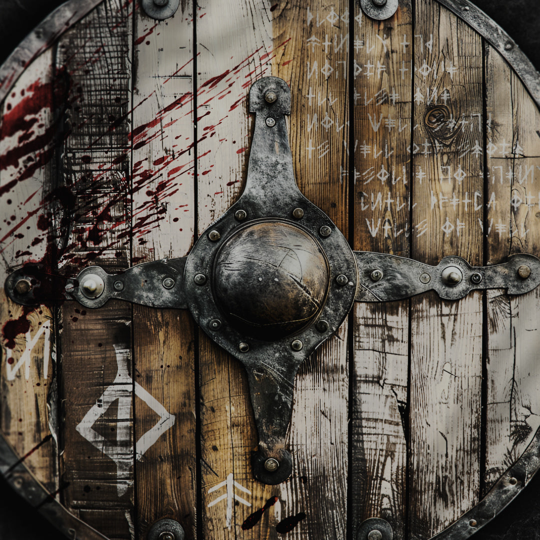 a digital illustration of an old medieval shield, cracked and battle-scarred it is covered with letters from the elder tongue font