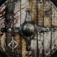 a digital illustration of an old medieval shield, cracked and battle-scarred it is covered with letters from the elder tongue font