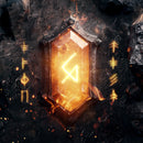 A digital illustration of a magical amulet glowing with a fiery hue, on either side runes are carved into black stone and glow with amber magic. used as a promotional image for the elder tongue rune font