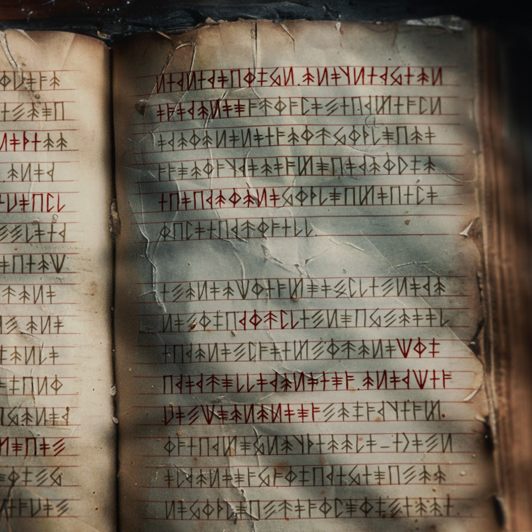 A promotional image advertising the elder tongue rune font, an old book is spread open, its pages filled with lines of runic writing