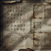 Fragment of an ancient looking dwarven map, showing part of an old floorplan and dwarven runes. A digitally painted promotional image for the elder tongue font 