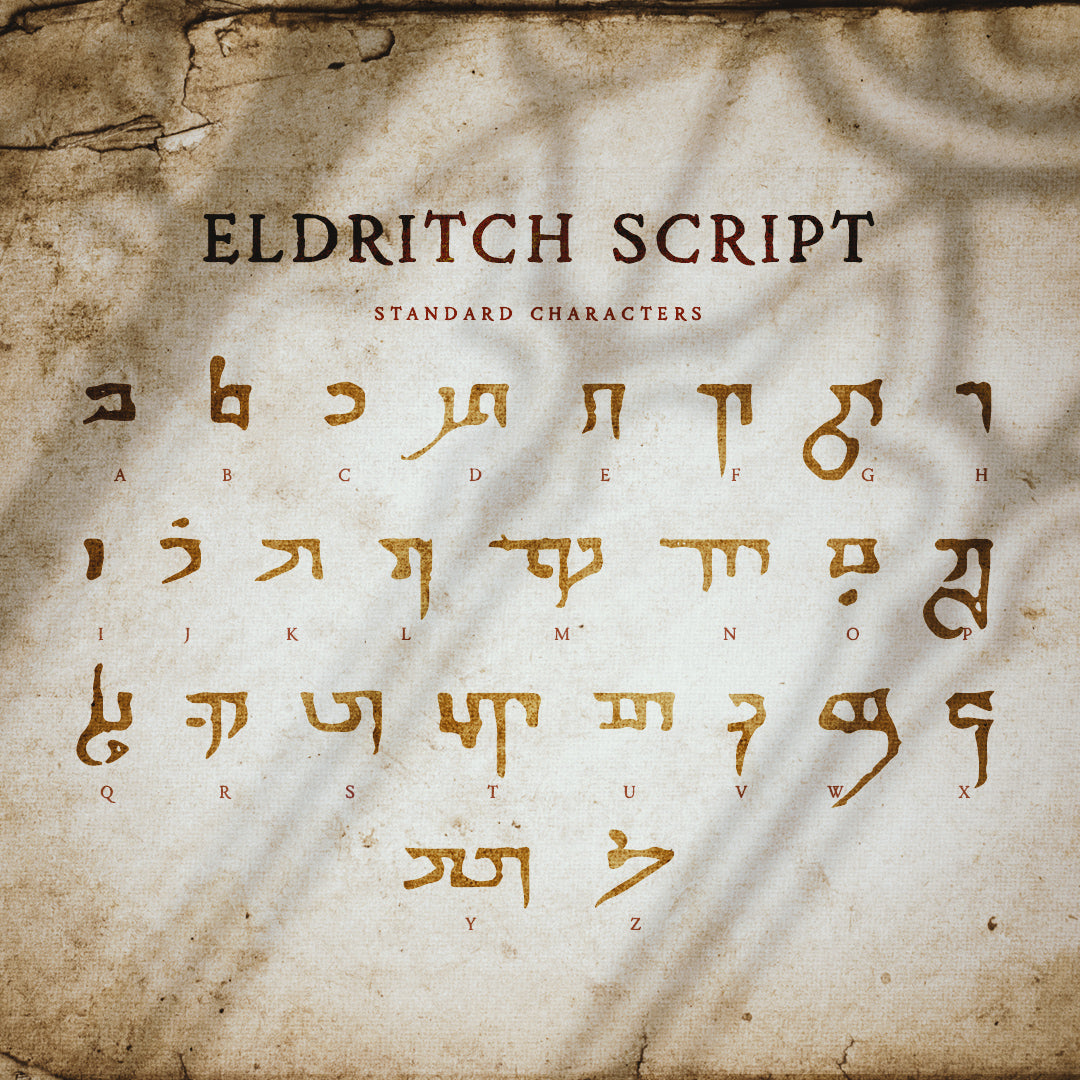 Promotional image for Eldritch Script font, a dark medieval looking page with a magical aesthetic