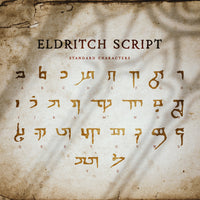 Promotional image for Eldritch Script font, a dark medieval looking page with a magical aesthetic