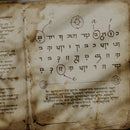 An old tome is open showing strange markings that seem written by a dark fantasy race or worlock
