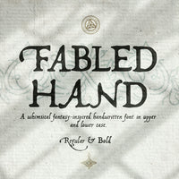Cover image of the Fabled Hand font, featuring the font name in a stylized, gothic-inspired hand-written style, with a backdrop suggesting a fantasy or magical theme.