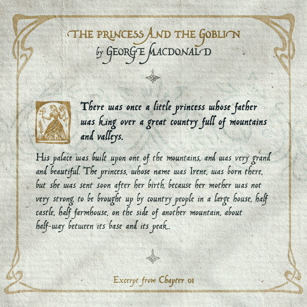 An old page with art nouveau frame contains an excerpt of a folk tale, all written with the fantasy inspired Fabled Hand font