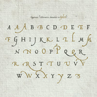 A promotional image showcasing the lowercase letters contained in the medieval inspired, Fabled Hand, fantasy font. Alternate letters are shown in a gold hue, the regular letters in a dusky blue colour